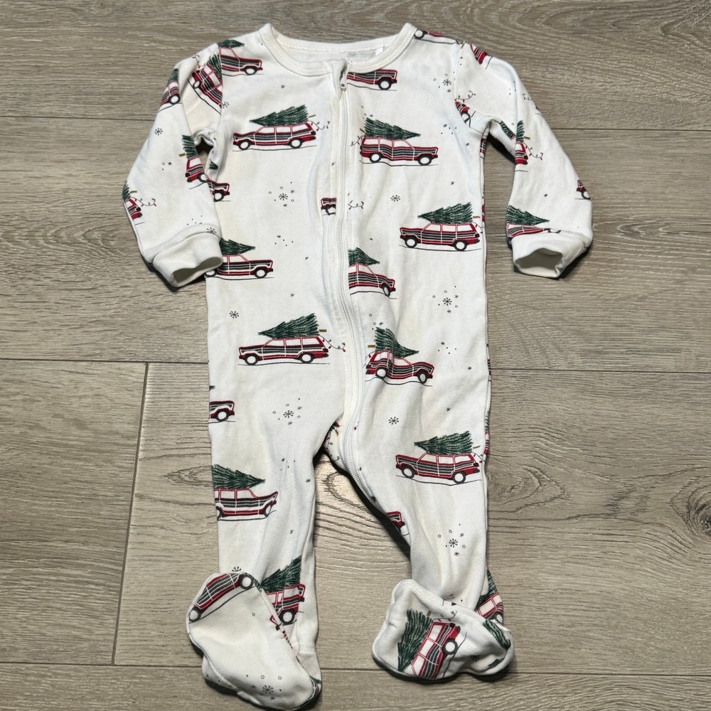 Petit Lem Holiday Baby Footed Sleeper Christmas Tree Car White Zip Pajamas 6M